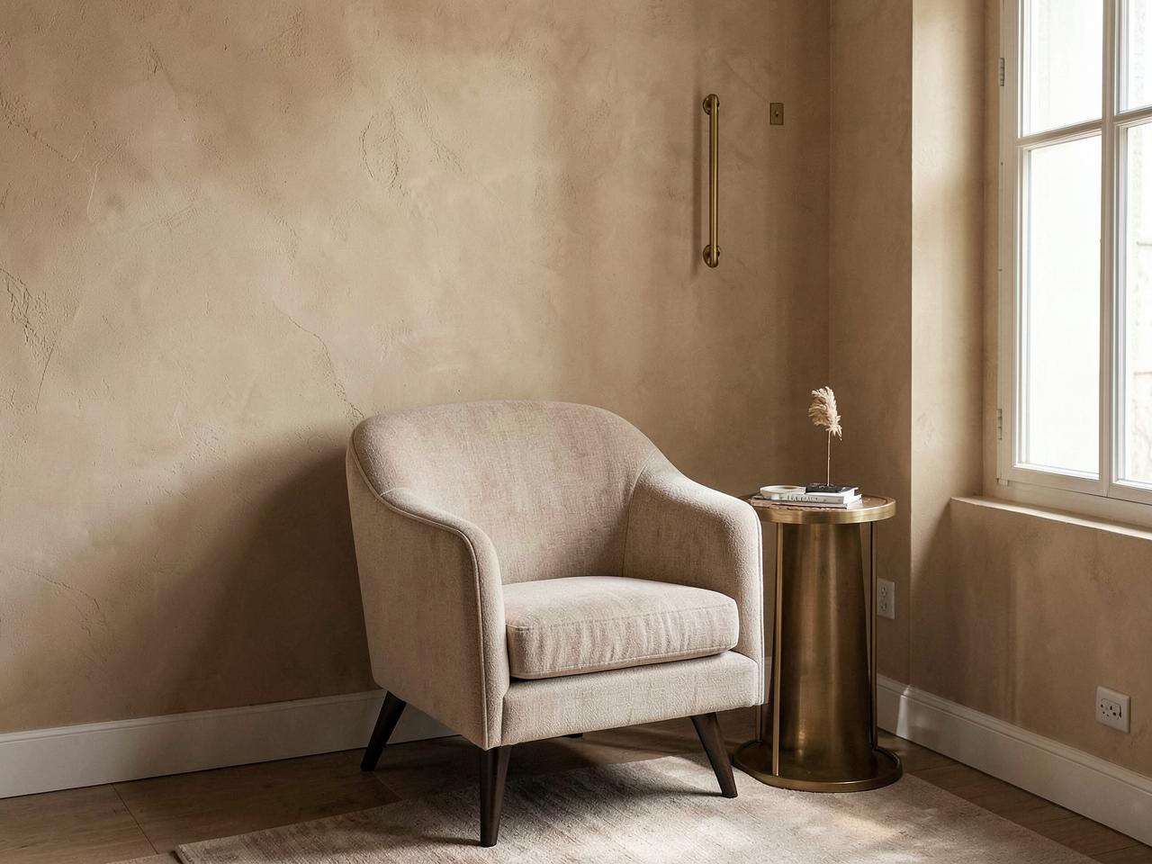 Zithoek met beige fauteuil, warme kalkwand en messing bijzettafel