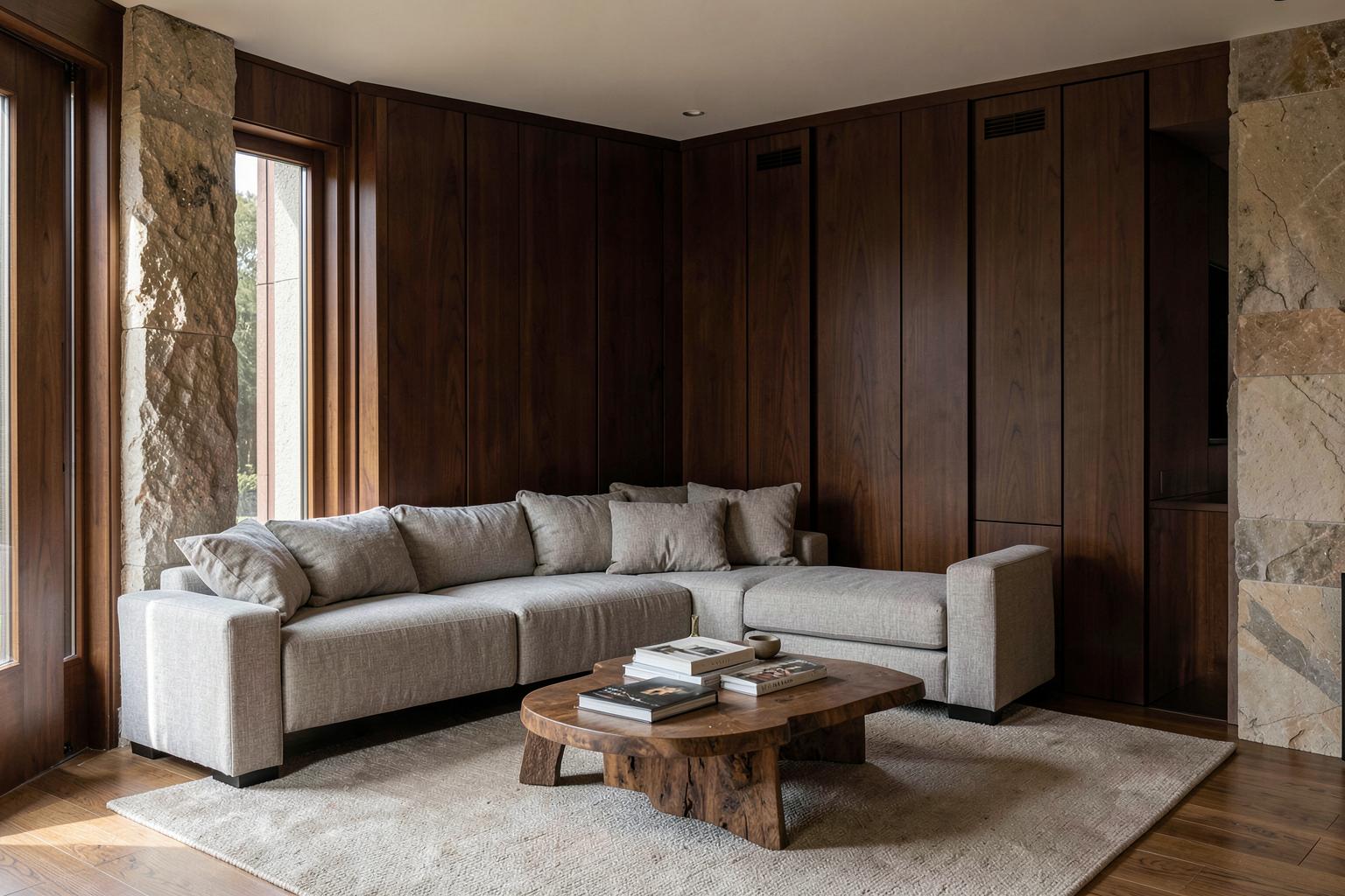 Warme woonkamer met donker hout en naturel linnen