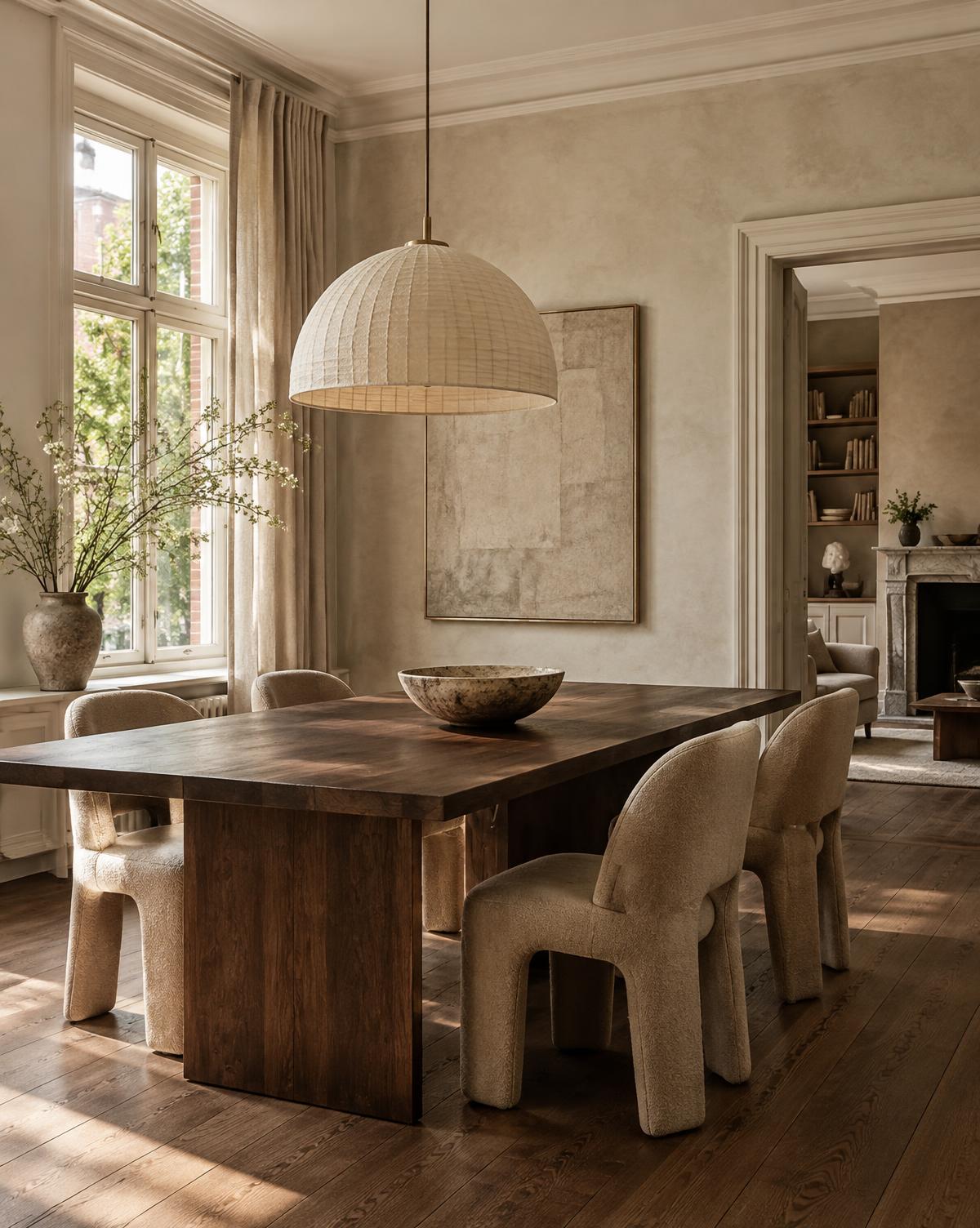 Warme eetkamer met donker hout en zachte naturel tinten