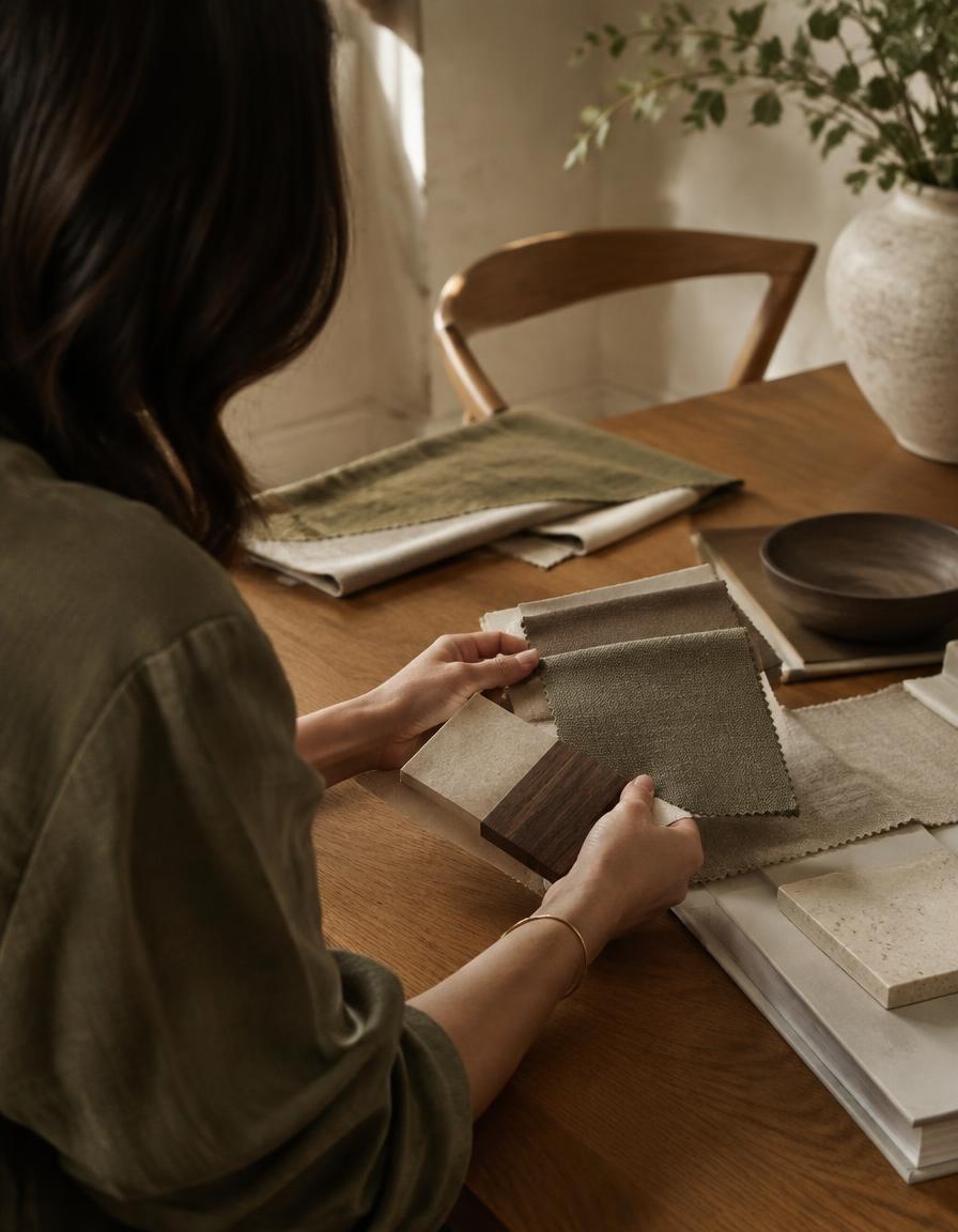 Interieurstylist bekijkt stof- en materiaalstalen aan een eiken tafel