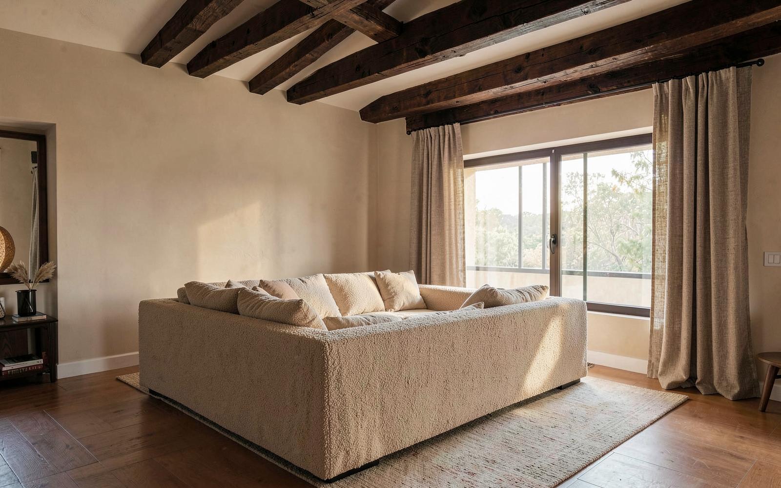 Ruime woonkamer met beige bouclé bank en donkere houten balken