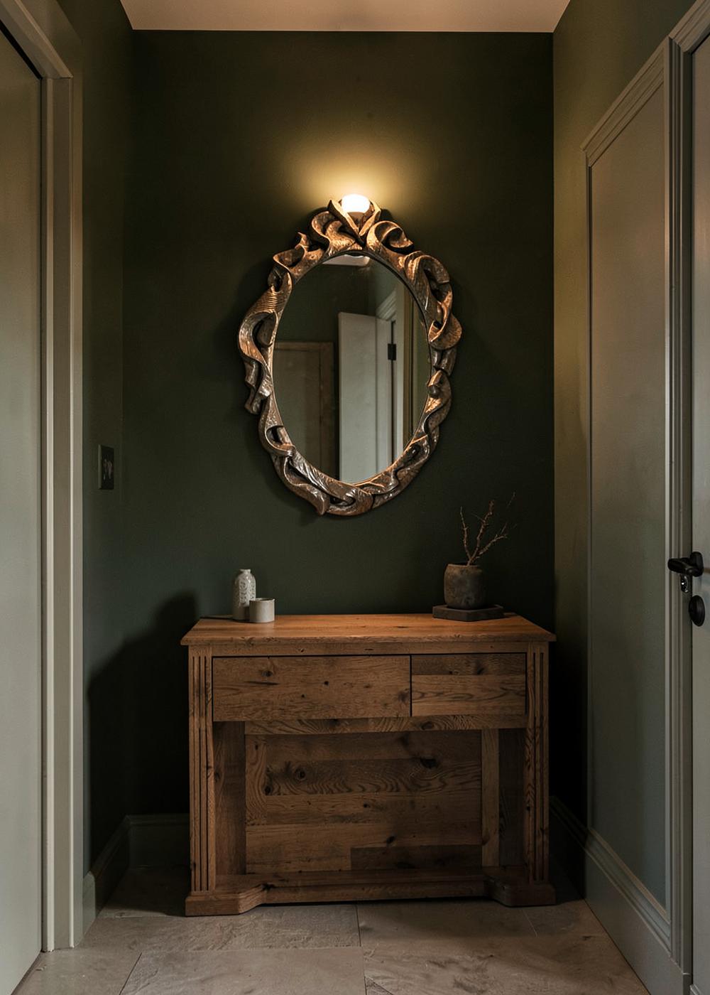 Hal met donkergroene wand, eiken console en ronde spiegel