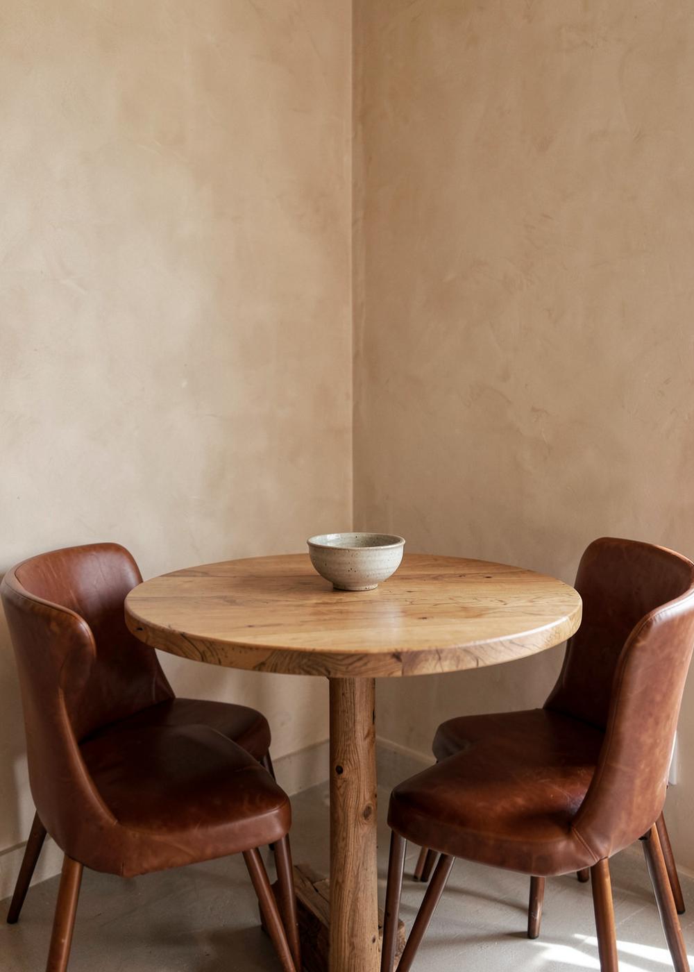 Eethoek met ronde eiken tafel en bruinleren stoelen
