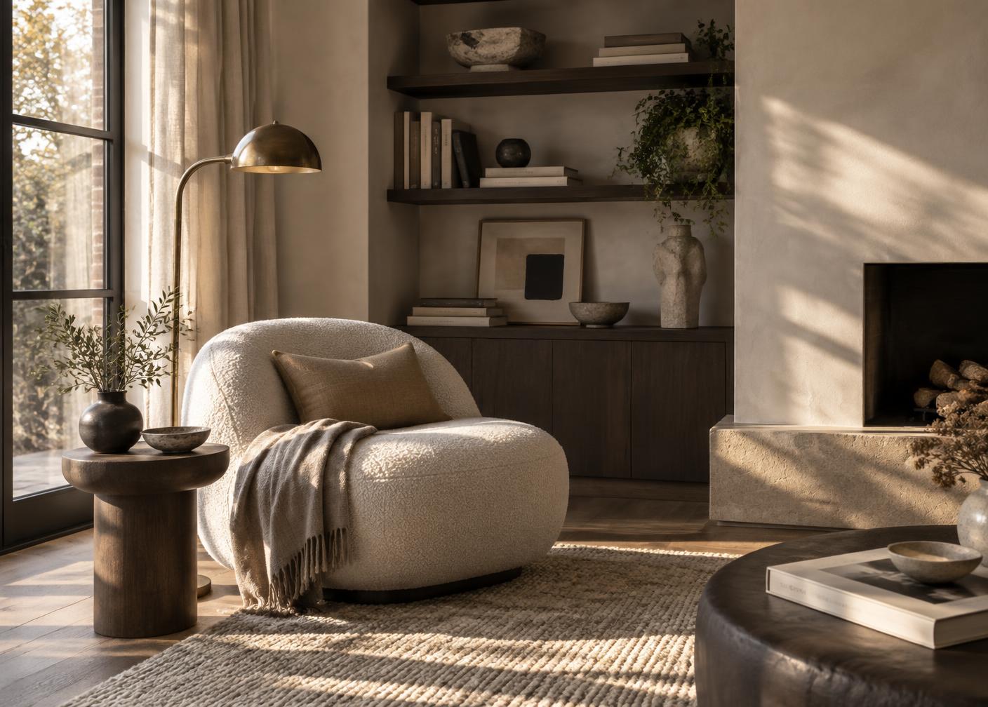 Leeshoek met sculpturale fauteuil en messing vloerlamp