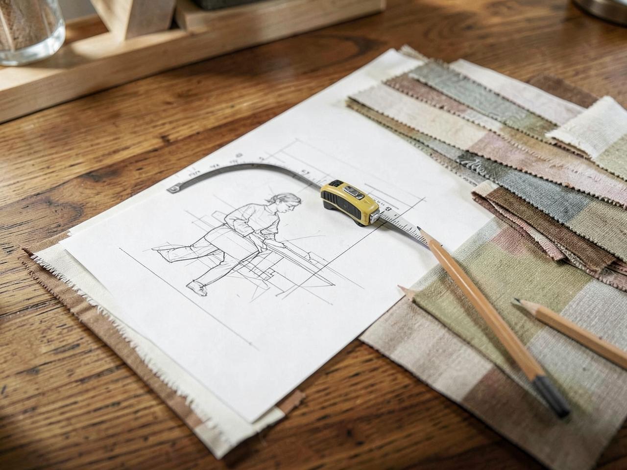 Interieurschets met stoffenstalen en potloden op een houten tafel